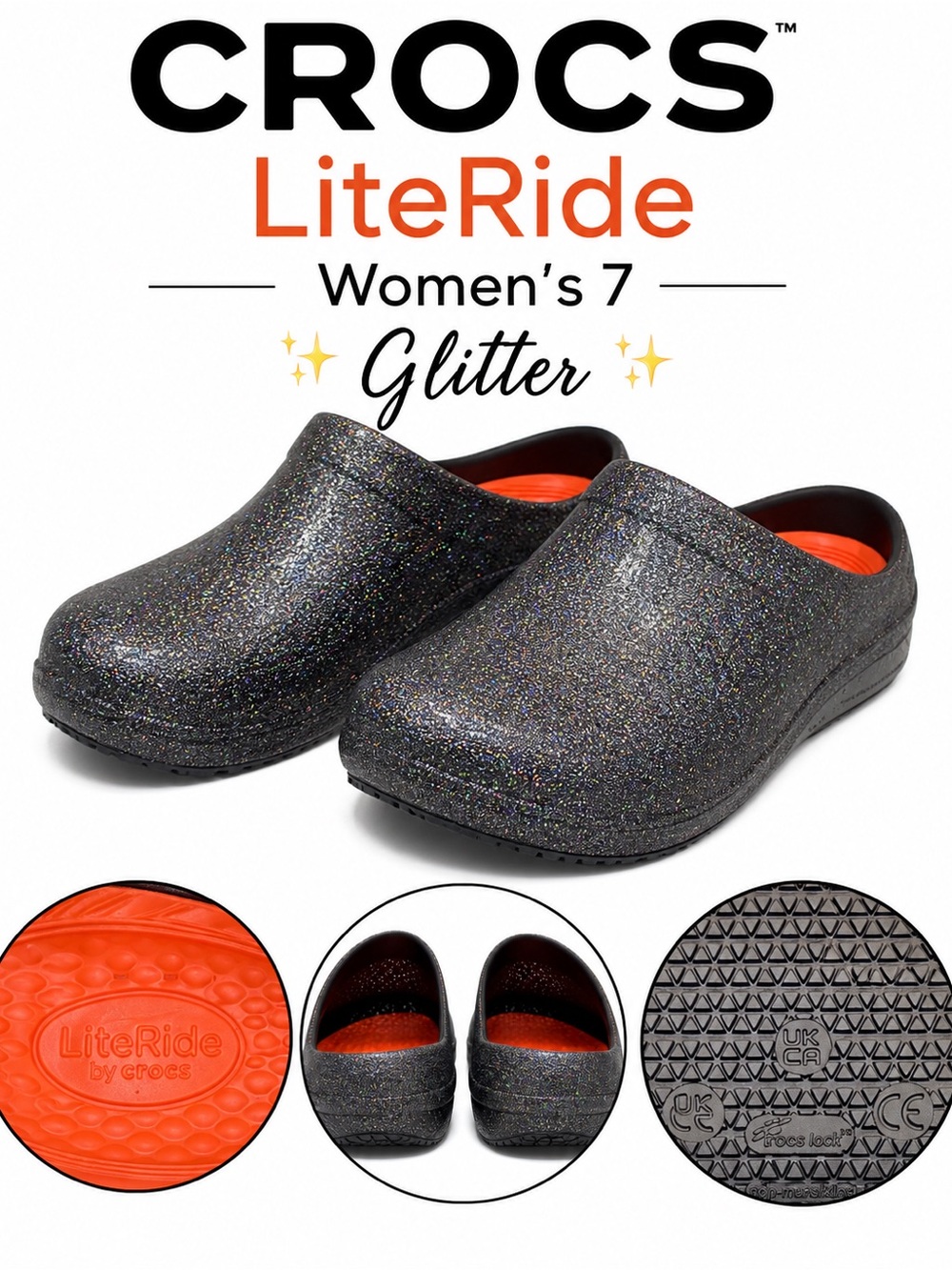 CROCS LiteRide Women's Glitter Clogs - Black Sparkle with Orange Insole Size 7
